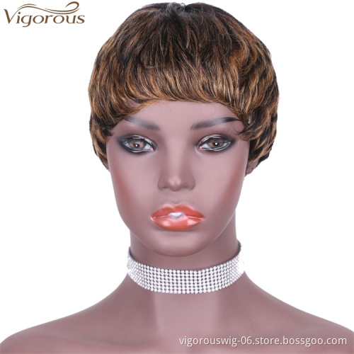Vigorous Pixie Cut Real Full Machine Brazilian Human Hair For Woman Short Finger Wave Natural Fluffy Wigs